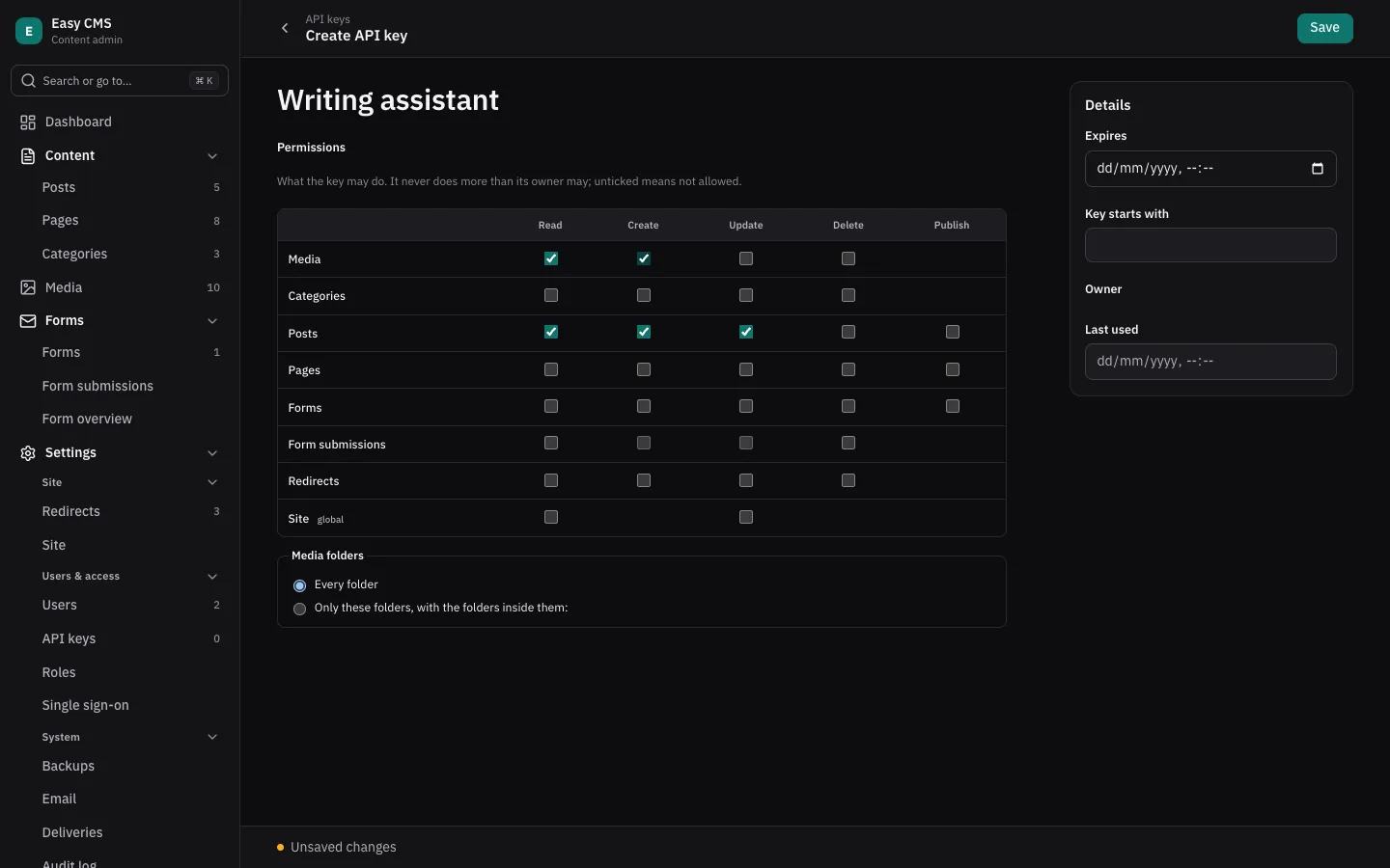 A new API key with its permissions ticked