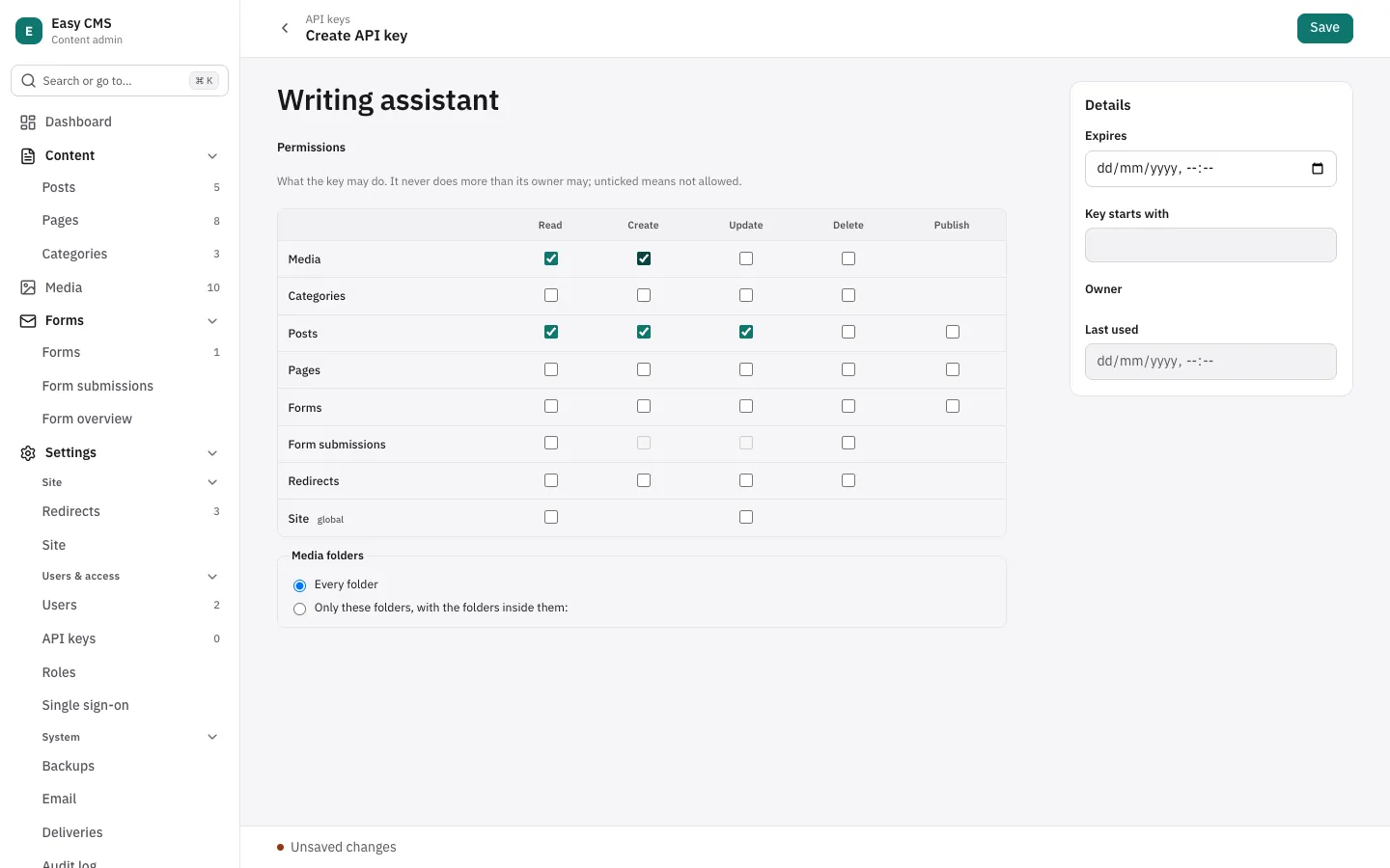 A new API key with its permissions ticked