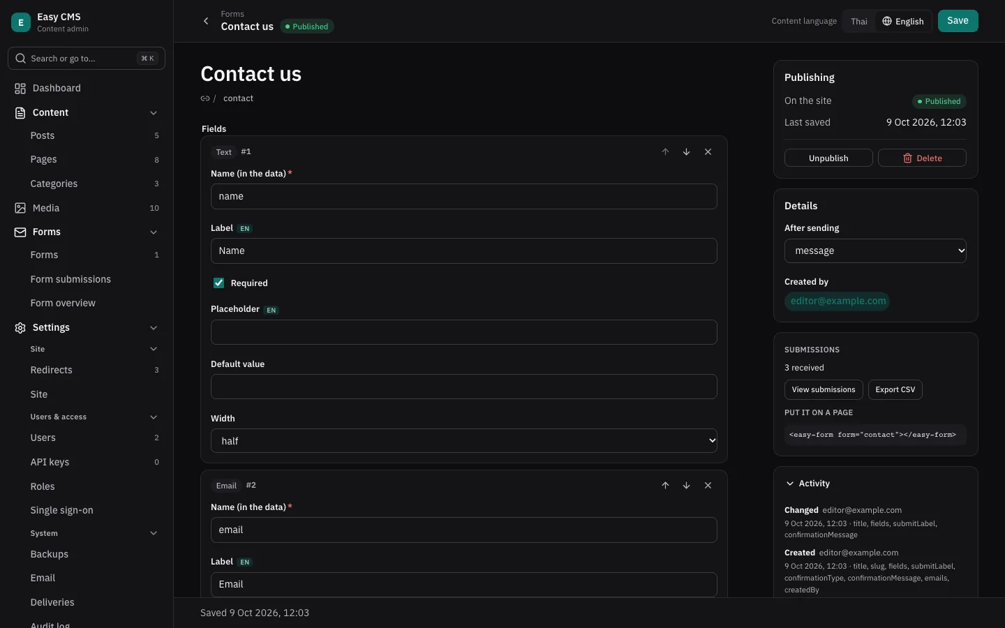 A contact form in the admin, with its submissions panel