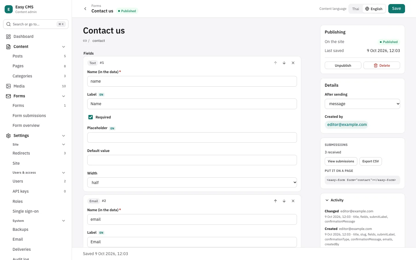 A contact form in the admin, with its submissions panel