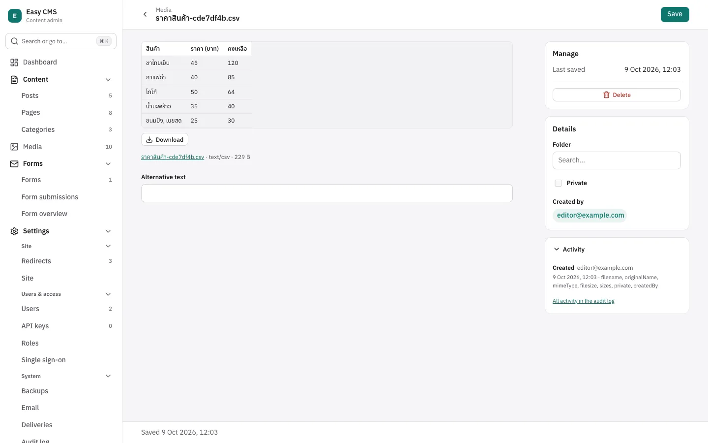 A CSV file's page: its first rows as a table
