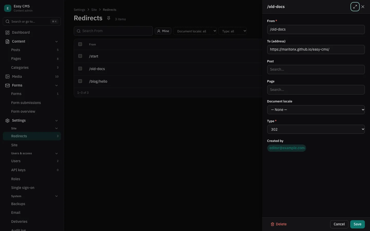 Redirects under Settings, one open in a panel