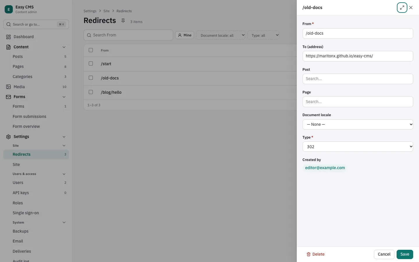 Redirects under Settings, one open in a panel