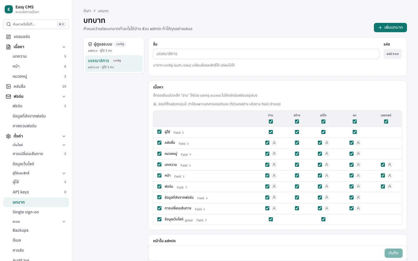 Settings → Roles: รายการบทบาททางซ้าย และตารางของ collection กับ อ่าน สร้าง แก้ไข ลบ เผยแพร่