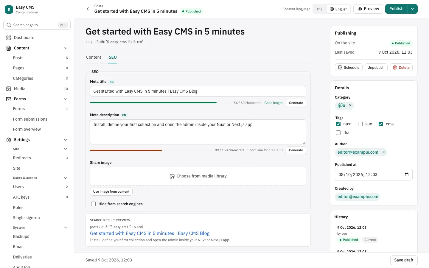 The SEO fields with length meters and a search preview