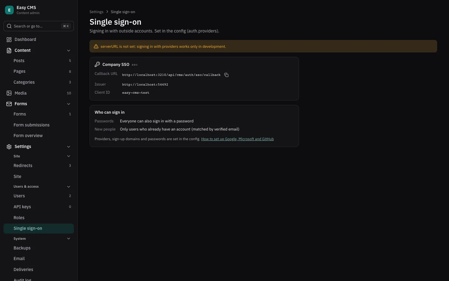 Settings → Single sign-on: each provider with its callback URL to copy, and who can sign in