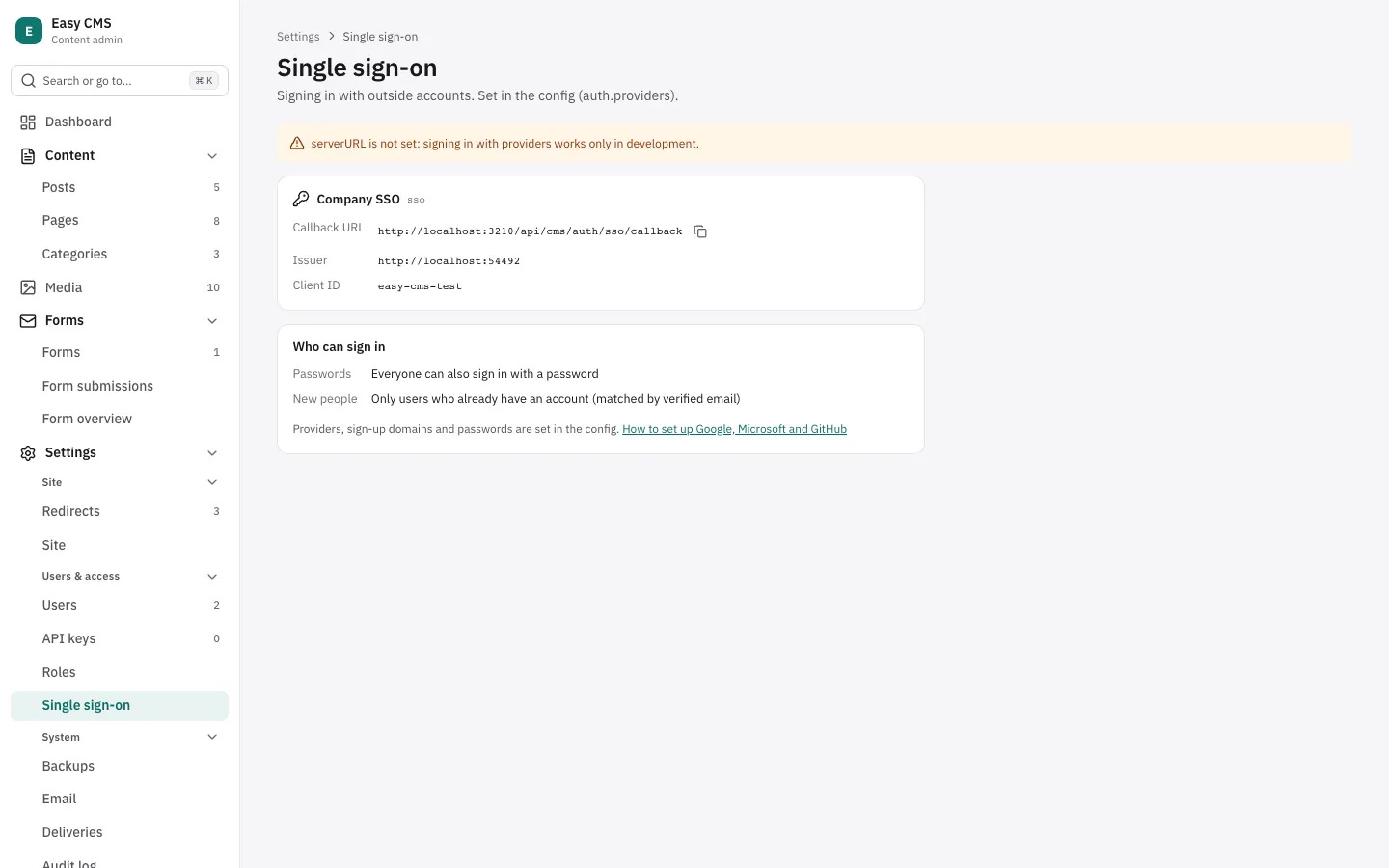 Settings → Single sign-on: each provider with its callback URL to copy, and who can sign in